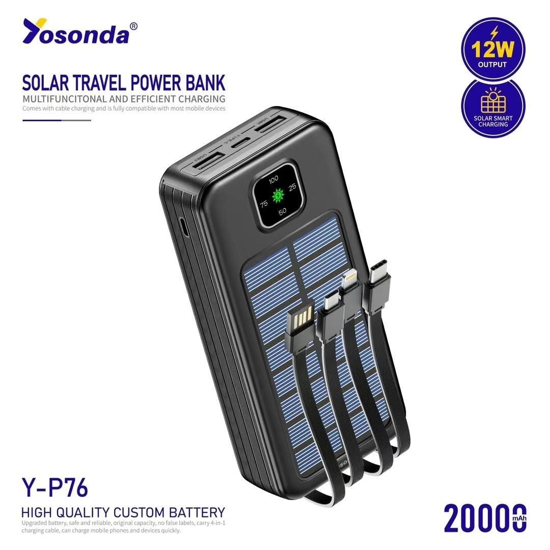 پاوربانک اورجینال خورشیدی برند yosonda  مدل Y-P76 ظرفیت 20000mAh   قابلیت شارژ خورشیدی